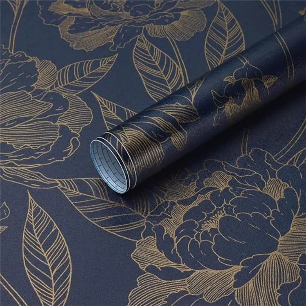 Vinjiasin Peel and Stick Wallpaper Blue and Gold Floral Contact Paper Modern